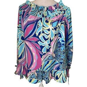 Jorge Perez Blue/Pink/Green Vibrant Print Carmen Off the Shoulder Blouse 2X
